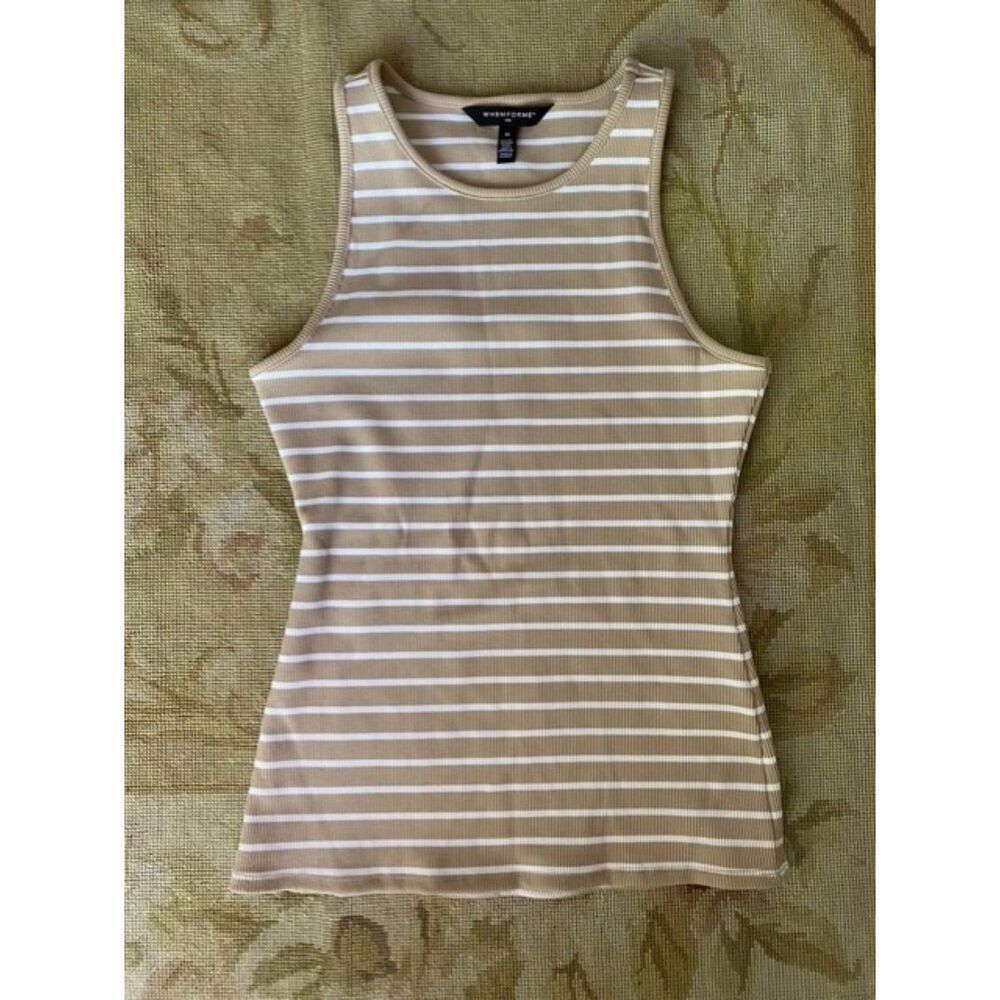 EUC White House Black Market Tan Stripe Ribbed Forme Tank M